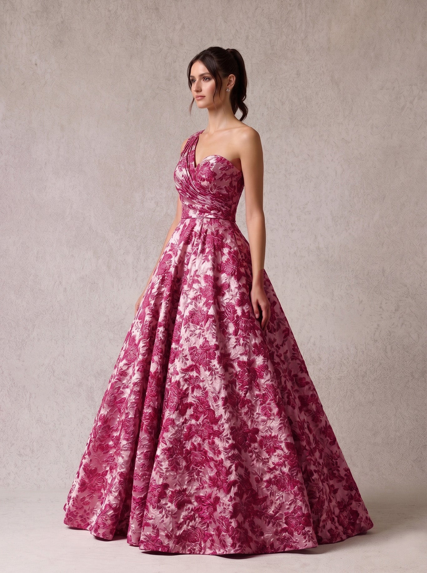 Vestido en Corte A de Jacquard Estampado a un Solo Hombro con Bolsillos Laterales, Color Magenta