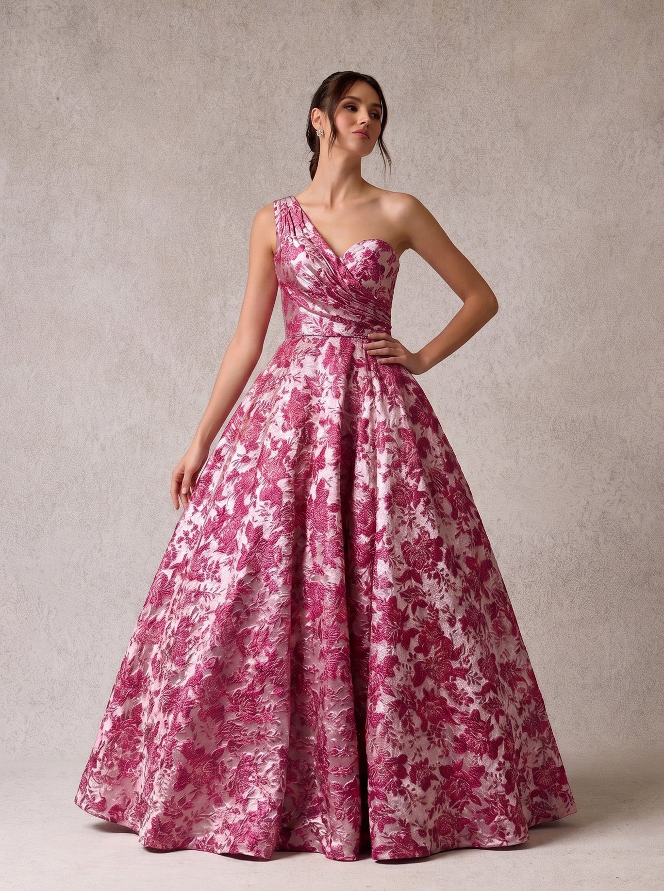 Vestido en Corte A de Jacquard Estampado a un Solo Hombro con Bolsillos Laterales, Color Magenta