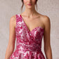 Vestido en Corte A de Jacquard Estampado a un Solo Hombro con Bolsillos Laterales, Color Magenta