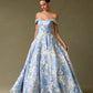 Vestido de Jacquard Estampado, Hombros Descubiertos, Corte en A, Drapeado en la Cintura y Bolsillos Laterales, Color Ice Blue White Print