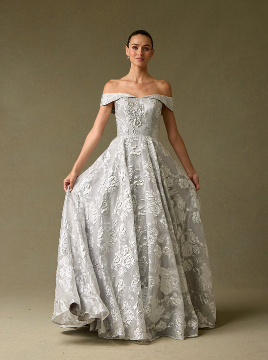 Vestido en Corte A, Estampado Floral, con Escote Bardot, Colores Black y Silver Print