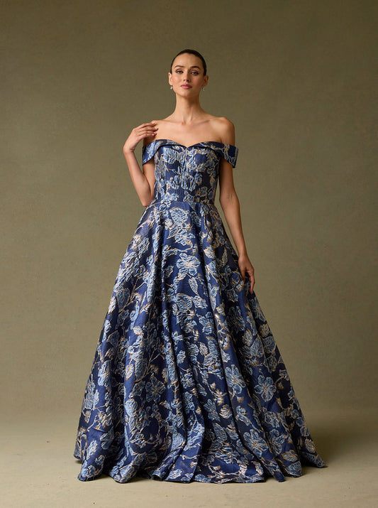 Vestido en Corte A, de Jacquard Estampado, Escote tipo Bardot, Con Bolsillos Laterales, Color Navy Print
