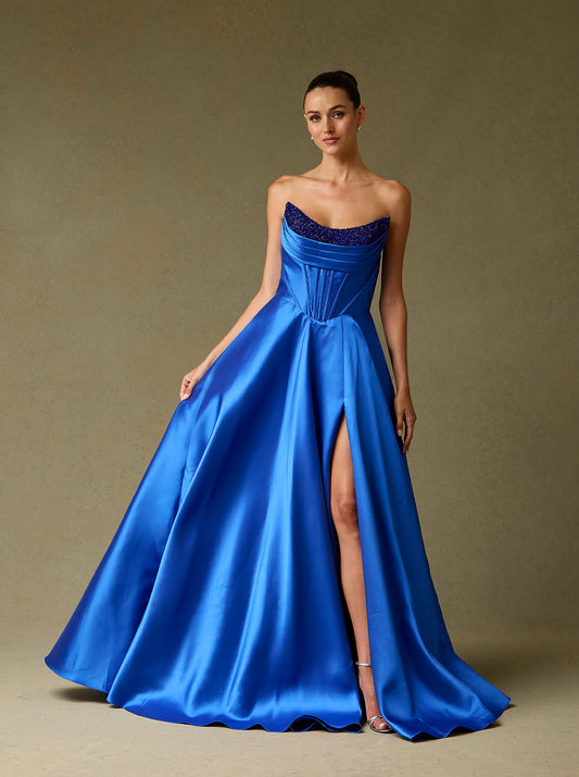 Vestido Corte  A, con Escote Redondo con Detalle de Drapeado y Cuentas, con Abertura y Bolsillos en los Costados, Color Black y Royal