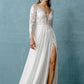 Vestido de Novia de Satén en Corte A, con Manga Larga, Escote en V Profundo y Abertura en la Pierna, Color Off White