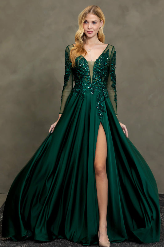 Vestido Satén en Corte A, con Manga Larga, Escote en V Profundo y Abertura en la Pierna, Varios Colores