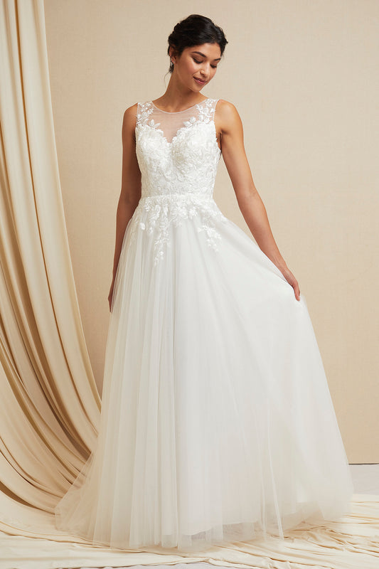 Vestido de Novia en Corte A, con Corpiño de Encaje con Escote Redondo y Falda de Tul, Color Off White