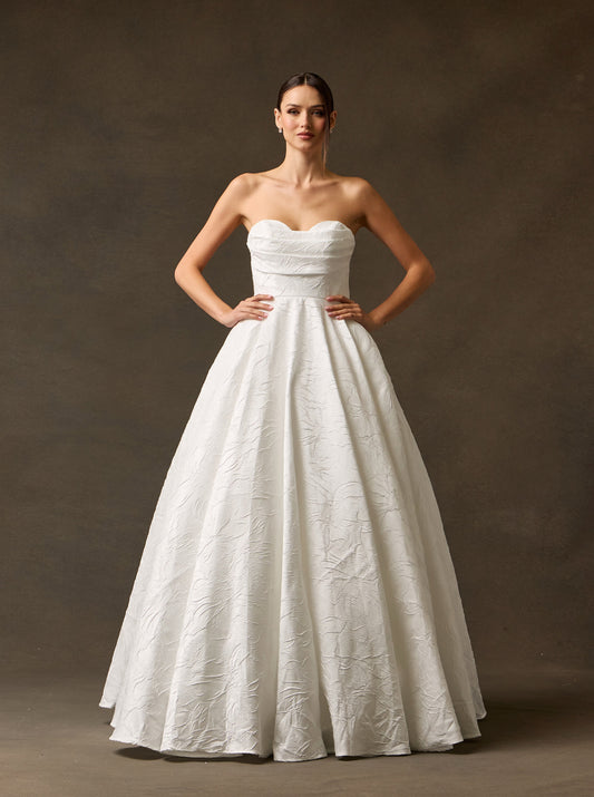 Vestido de Novia de Jacquard Estampado, Sin Tirantes, Escote Corazón, Corte en A y Espalda con Cordones