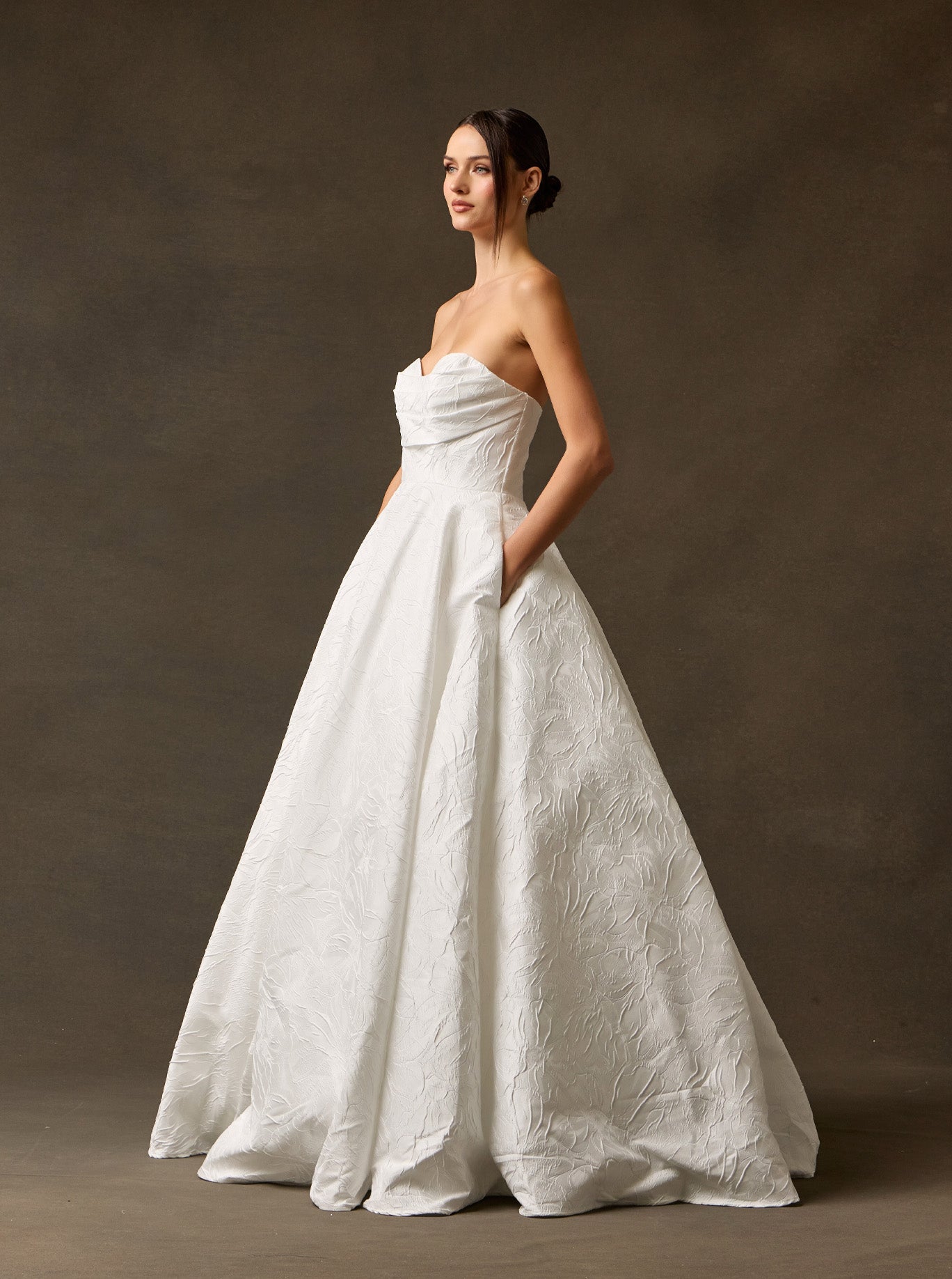 Vestido de Novia de Jacquard Estampado, Sin Tirantes, Escote Corazón, Corte en A y Espalda con Cordones
