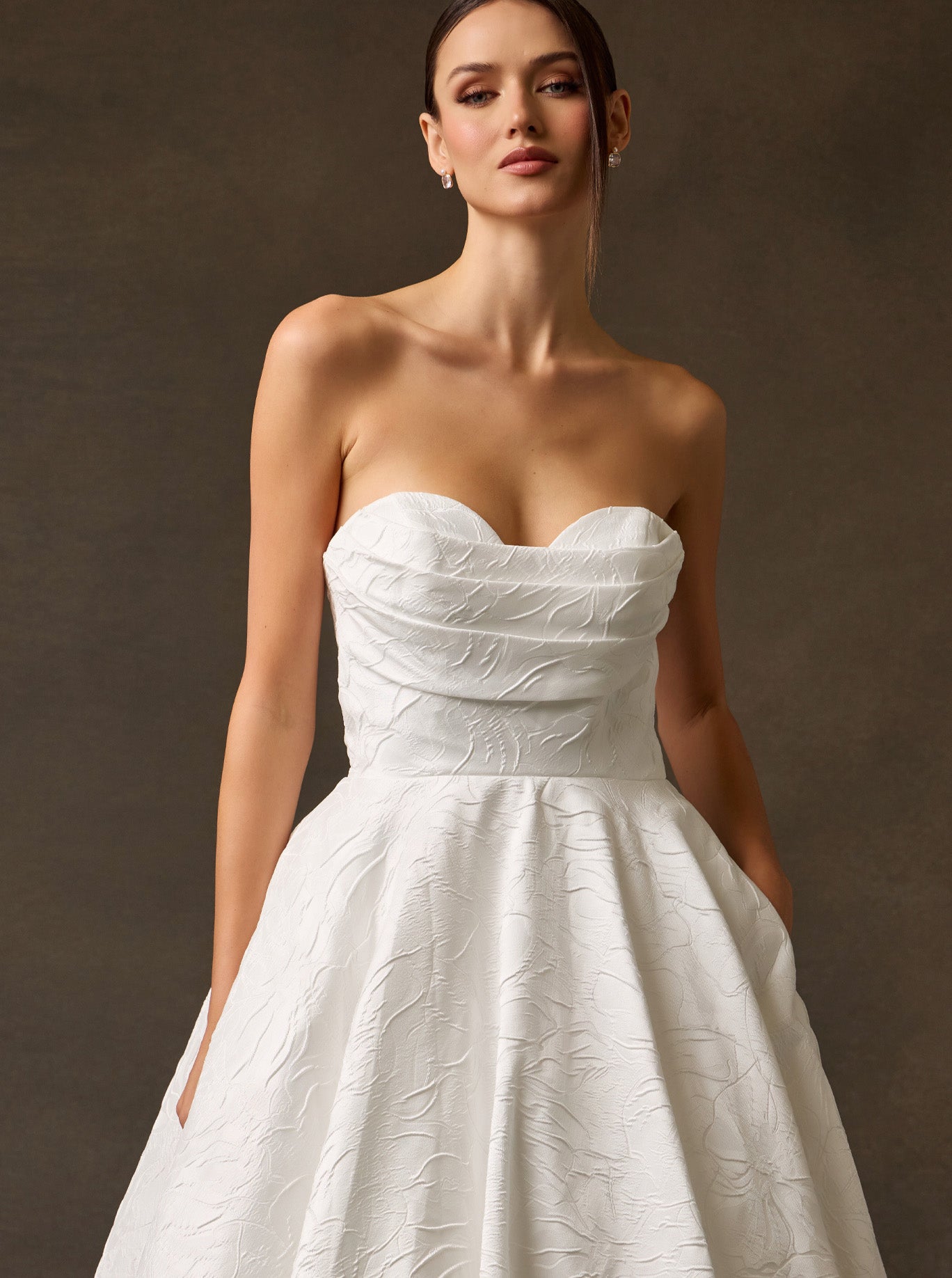 Vestido de Novia de Jacquard Estampado, Sin Tirantes, Escote Corazón, Corte en A y Espalda con Cordones