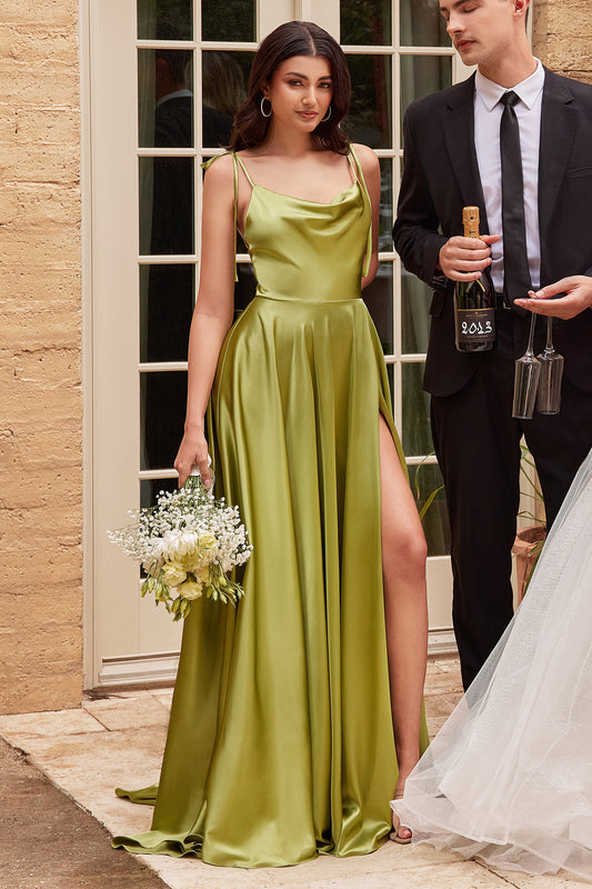 Vestido de Dama de Honor corte A con Tela Satinada y lazos Ajustables. (Varios Colores)