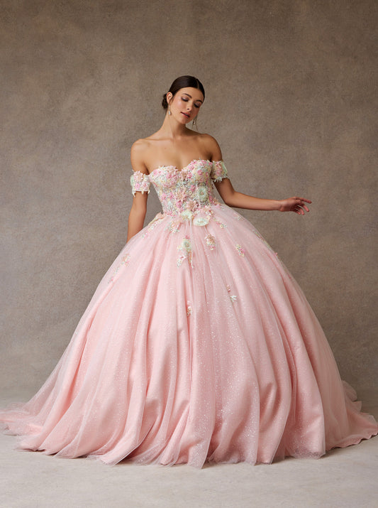 Vestido de Fiesta en Corte Princesa, Hombros Descubiertos Escote Corazón, Corpiño Tipo Corsé con Aplicaciones Florales, Color Pink Multi