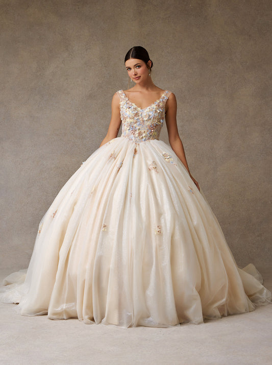Vestido de Fiesta con Tirantes con Aplicaciones de Flores y Perlas, Color Champagne Multi