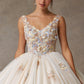 Vestido de Fiesta con Tirantes con Aplicaciones de Flores y Perlas, Color Champagne Multi