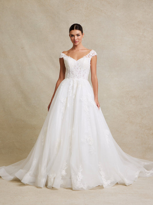 Vestido de Novia Corte en A de Tul con Brillo y Encaje Bordado con Lentejuelas Color Off White