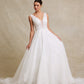 Vestido de Novia con Cuello V de Tul Bordado con Lentejuelas y Cristales, Color Off White