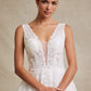 Vestido de Novia con Cuello V de Tul Bordado con Lentejuelas y Cristales, Color Off White