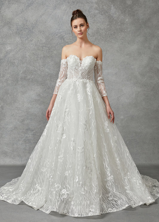 Vestido de Novia Línea A Con Mangas Largas  con Tipo Corse y Espalda con Cordones Color Off White.