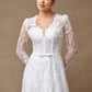 Vestido de Novia de Encaje Bordado con Cuentas y Lentejuelas de Manga Larga y Cuello V, Color Off White