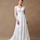 Vestido de Novia de Encaje Bordado con Cuentas y Lentejuelas de Manga Larga y Cuello V, Color Off White