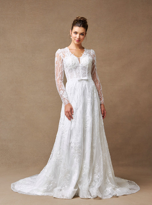 Vestido de Novia de Encaje Bordado con Cuentas y Lentejuelas de Manga Larga y Cuello V, Color Off White