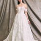 Vestido de Novia en Encaje con Motivos de Flores, Escote de Corazón y Mangas al Hombro Color Off White