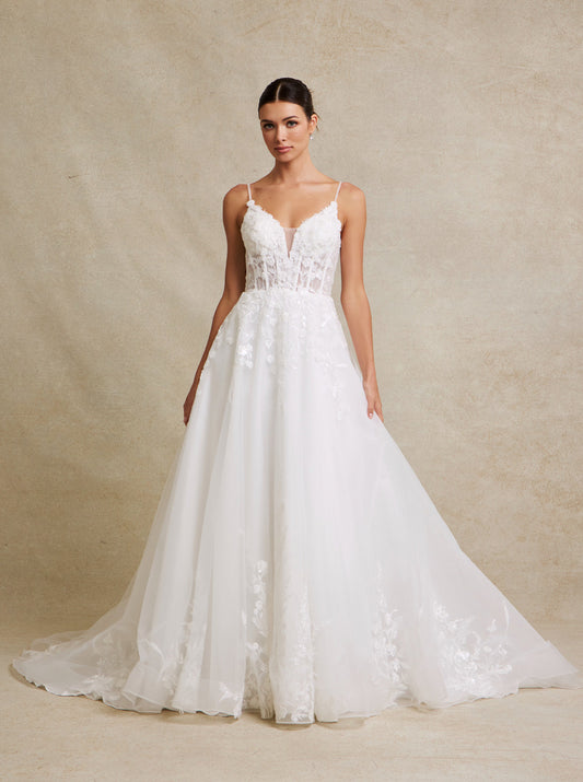 Vestido de Novia Corte en A de Tul y Encaje Bordado con Lentejuelas, Color Off White