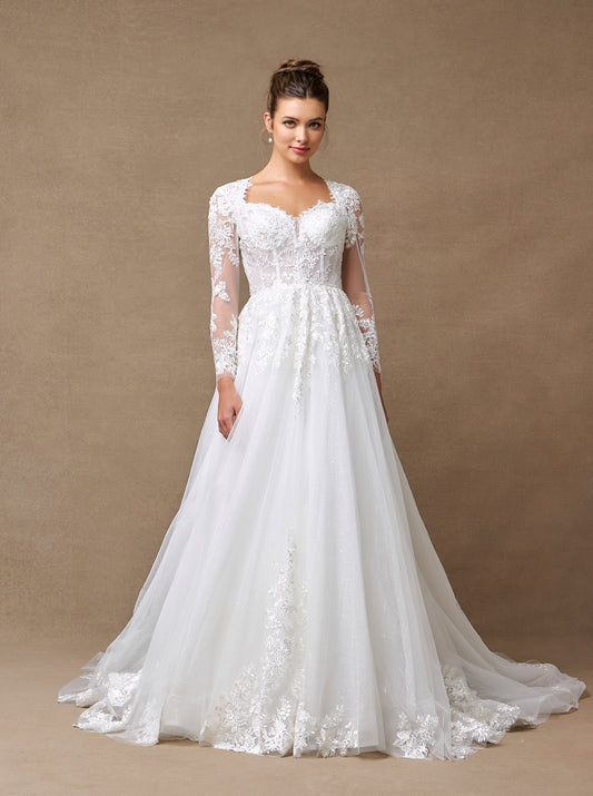 Vestido de Novia Manga Larga Escote de Corazón con encaje Brillo y Lentejuela Espalda con Cordones