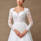 Vestido de Novia Manga Larga Escote de Corazón con encaje Brillo y Lentejuela Espalda con Cordones