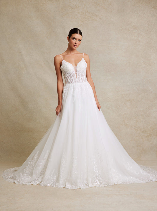 Vestido de Novia con Escote Pronunciado en V de Encaje Bordado con Cuentas y Lentejuelas, Color Off White