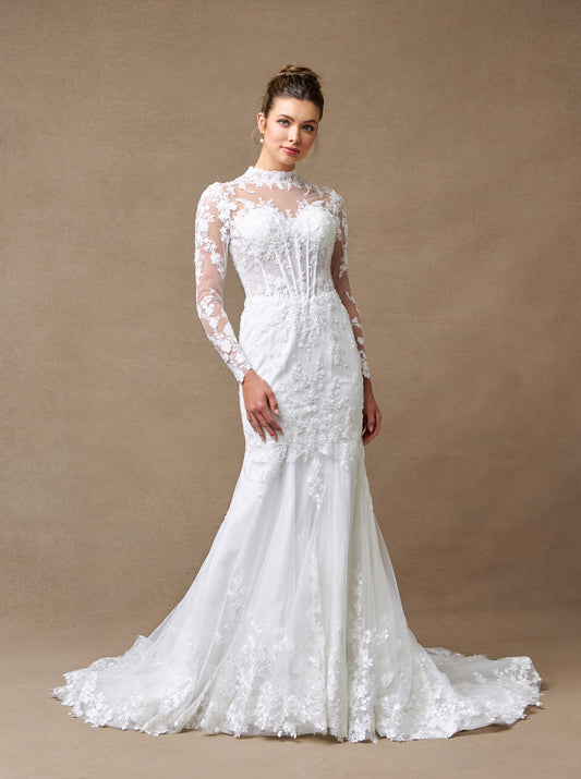 Vestido de Novia Corte Sirena de Manga Larga de Encaje Bordado, Color Off White