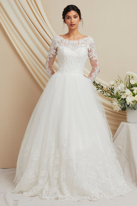 Vestido de Novia en Corte A Manga Larga con Aplicaciones en Encaje Color Off White