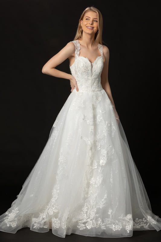 Vestido de Novia Corte en A de Tul con Brillo y Encaje Bordado con Cuentas y Lentejuelas, Color Off White