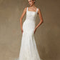 Vestido de Novia, Corte Sirena, Escote Cuadrado y Tirantes, de Tul  Bordado, Color Off White