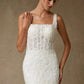 Vestido de Novia, Corte Sirena, Escote Cuadrado y Tirantes, de Tul  Bordado, Color Off White