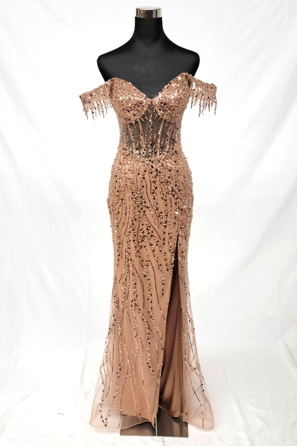 Vestido al Hombro Bordado con Cuentas y Lentejuelas con Abertura en la Pierna (Varios Colores)