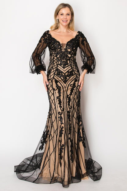 Vestido Corte Sirena con Escote en V y Mangas Largas,Tejido de Malla con Pedreria (Varios Colores)