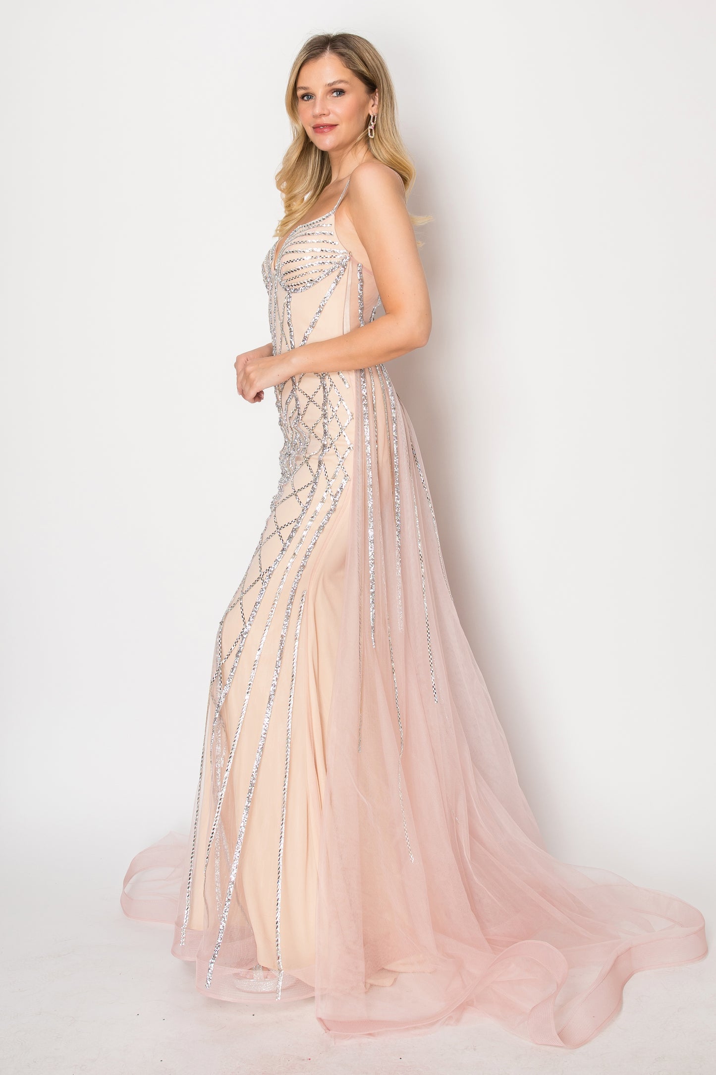 Vestido Corte Recto con Cauda de Tul y efectos brillosos (Dos Colores)