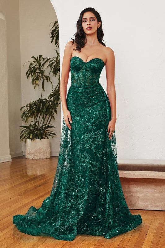 Vestido Ajustado de Encaje y Glitter con Escote en Corazón. Color Emerald