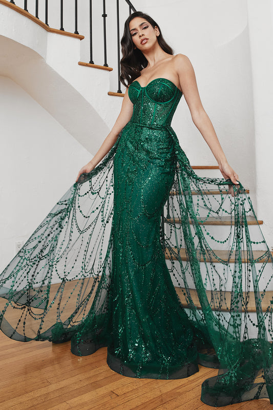 Vestido con Encaje y Glitter sin Tirantes Escote Corazón Color Emerald