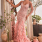 Vestido corte Sirena con Plumas Color Rose.