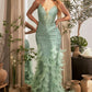 Vestido corte Sirena con Plumas Color Sage.