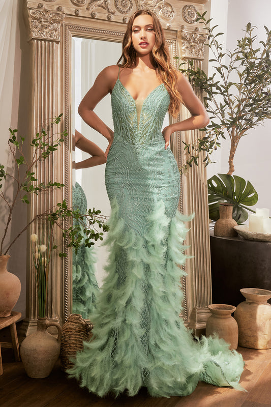 Vestido corte Sirena con Plumas Color Sage.