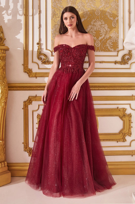 Vestido de Línea A con Hombros Desconectados Color Burgundy.