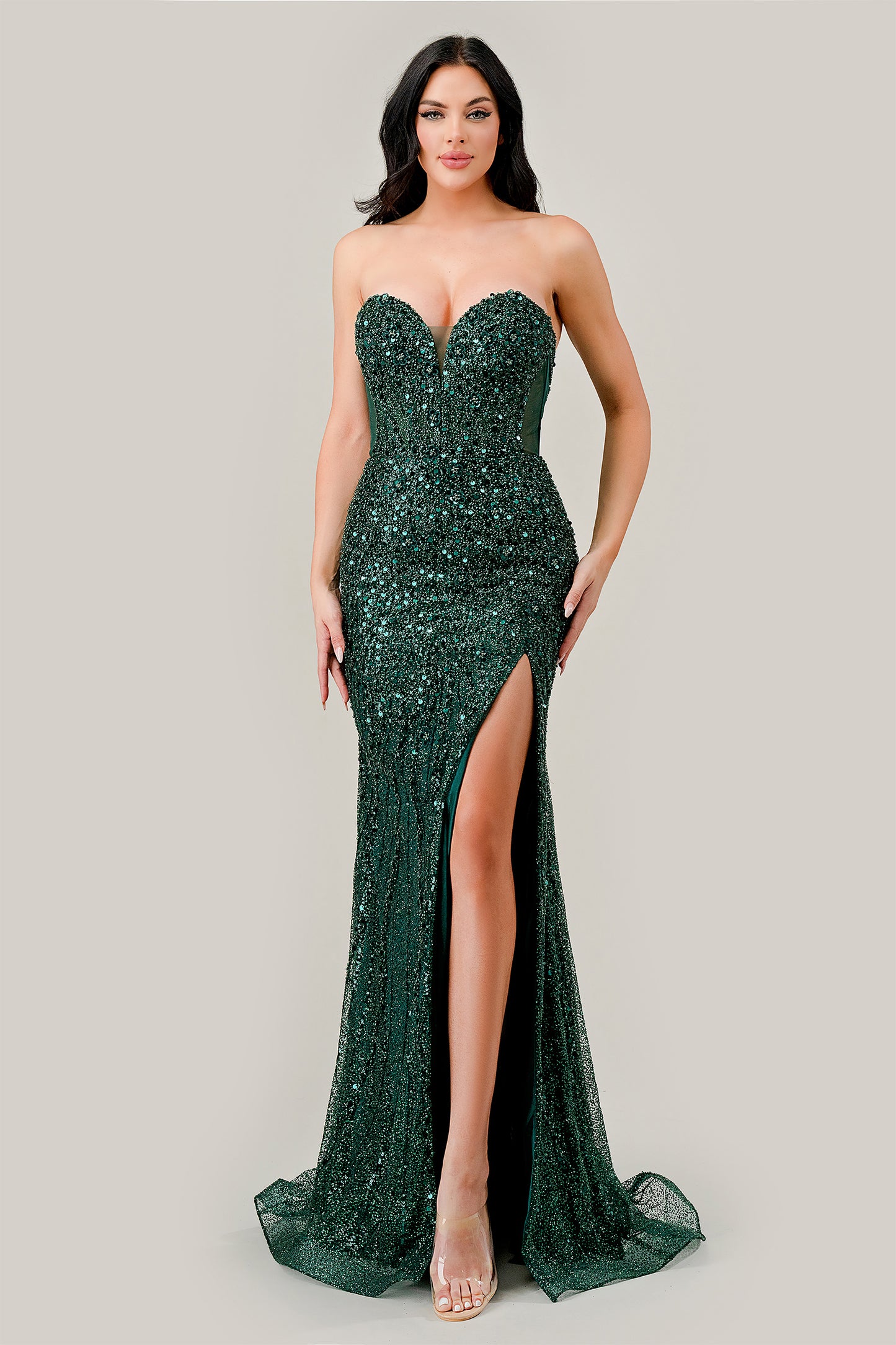 Vestido Con Cuentas sin tirantes Color Emerald