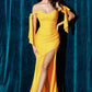Vestido de dama de honor corte ajustado de tela elástica con un escote sostenido por largos lazos color Yellow