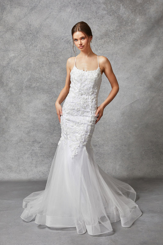 Vestido de Novia Corte Sirena de Tirantes de Encaje Bordado con Brillos, Cuentas y Lentejuelas, Color Off White