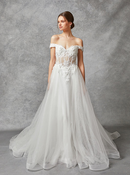 Vestido de Novia Corte en A con Hombros Descubiertos de Tul con Encaje Bordado y Flores en 3D, Color Off White