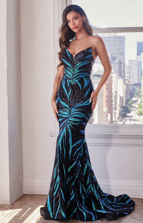 Vestido de Sirena Estampado con Lentejueras sin Tirantes. Color Negro-Teal