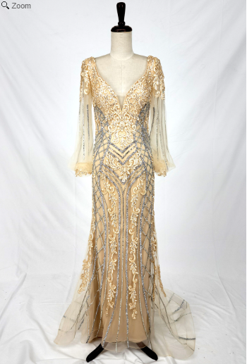Vestido Corte Sirena con Escote en V y Mangas Largas,Tejido de Malla con Pedreria (Varios Colores)