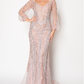 Vestido Corte Sirena con Escote en V y Mangas Largas,Tejido de Malla con Pedreria (Varios Colores)